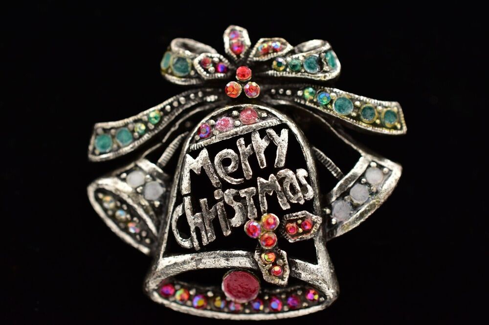 Laila Rowe Vintage Merry Christmas Bell Pin Brooch Rhinestone Star Signed BinB